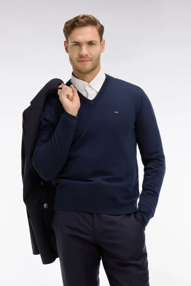 Eden Park pull col V bleu marine coton homme