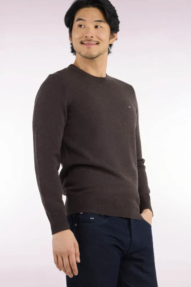 Eden Park pull col rond laine coton marron coupe droite