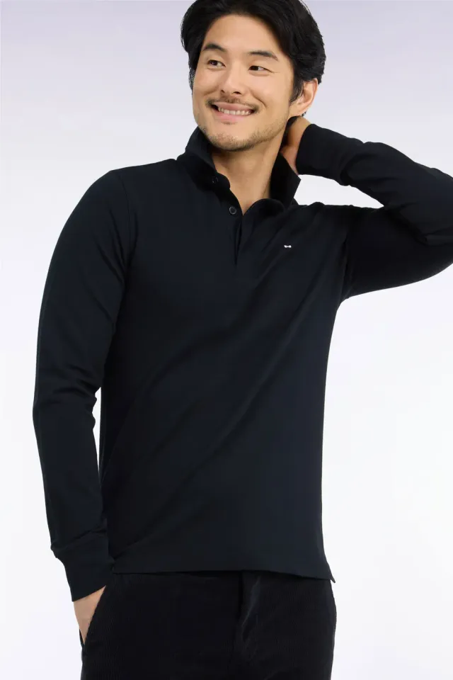 Eden Park polo manches longues coton stretch noir slim