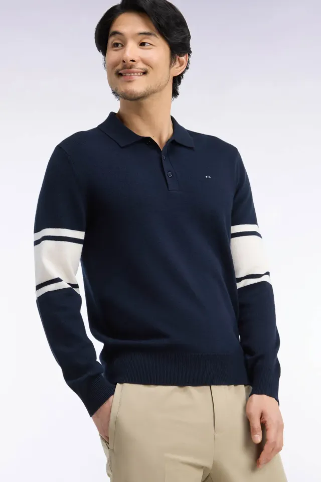 Eden Park Pull col polo laine mérinos marine homme