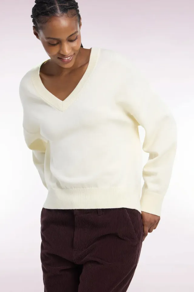Eden Park pull femme écru col V laine coton oversized