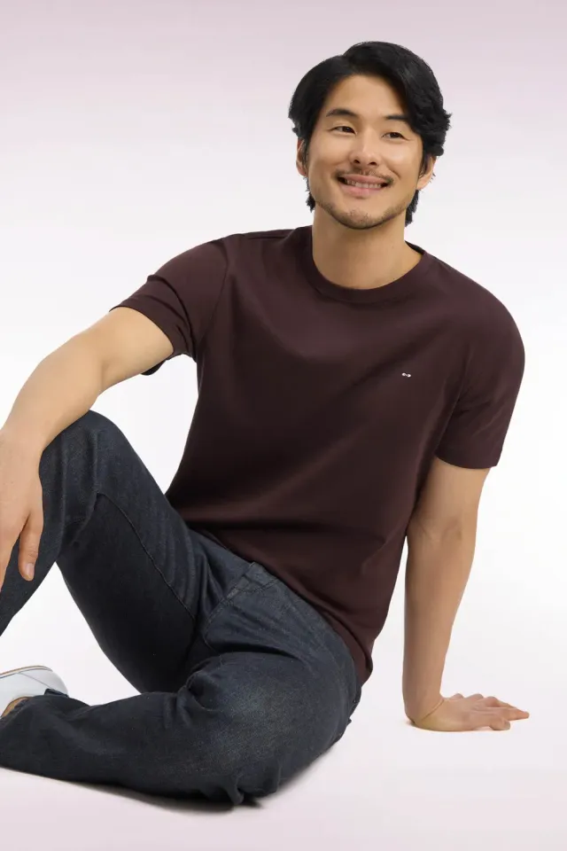 Eden Park T-Shirt Coton Marron Coupe Droite Col Bords-Côtes