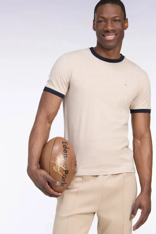 Eden Park t-shirt coton beige bords-côtes marine coupe droite