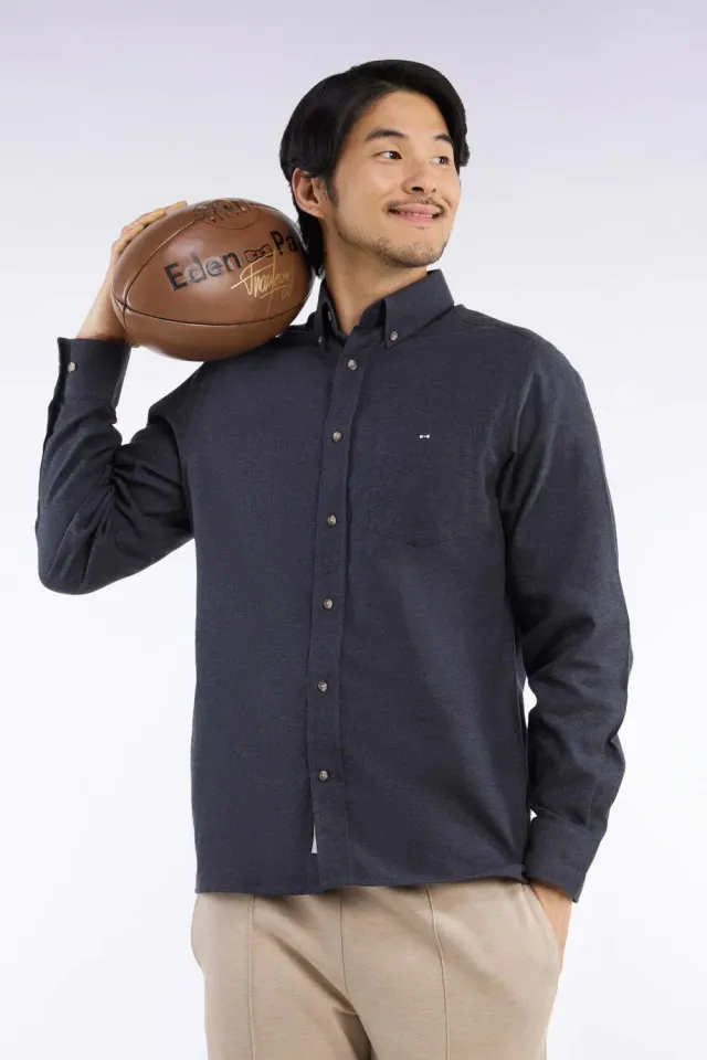 Eden Park Chemise coton gris foncé coupe droite col boutonné