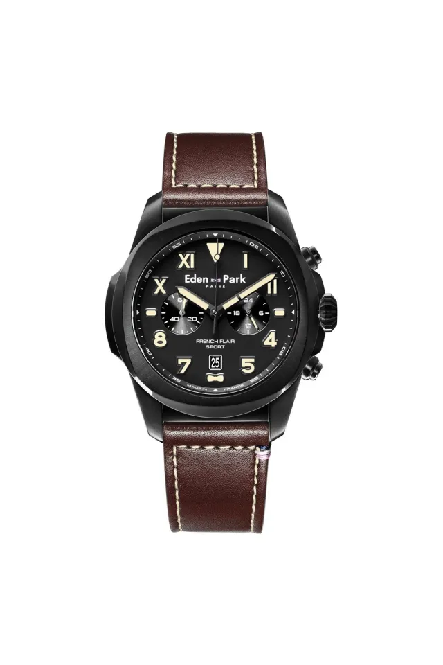 Eden Park Chronograph montre quartz noire 43 mm cuir
