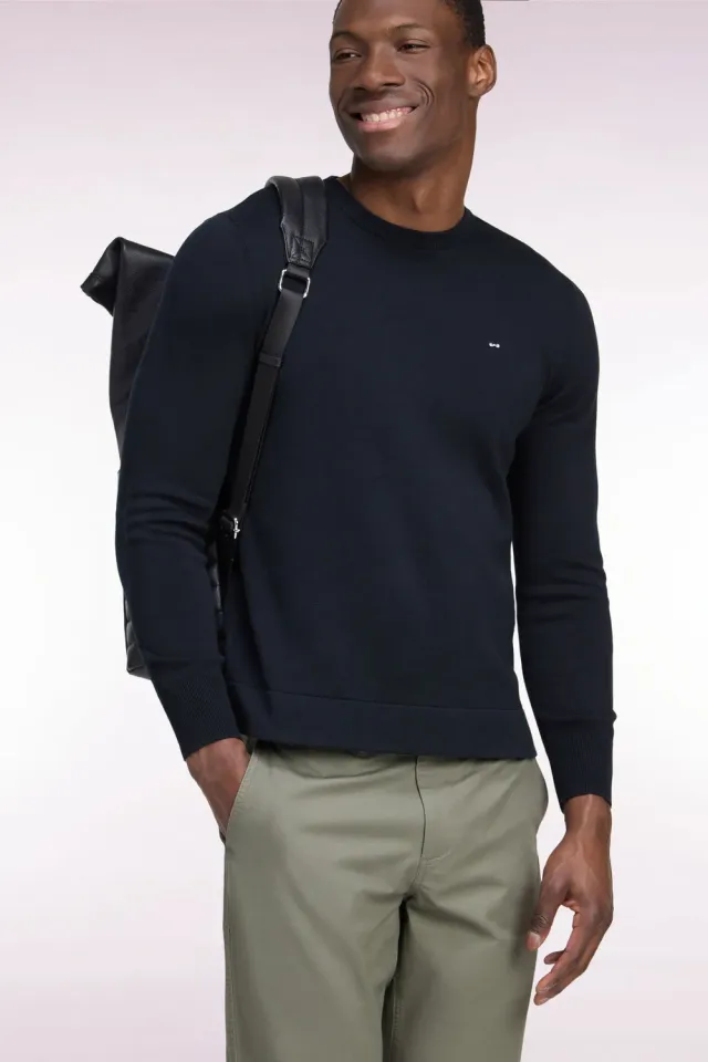 Eden Park Après Match pull homme noir col rond droit