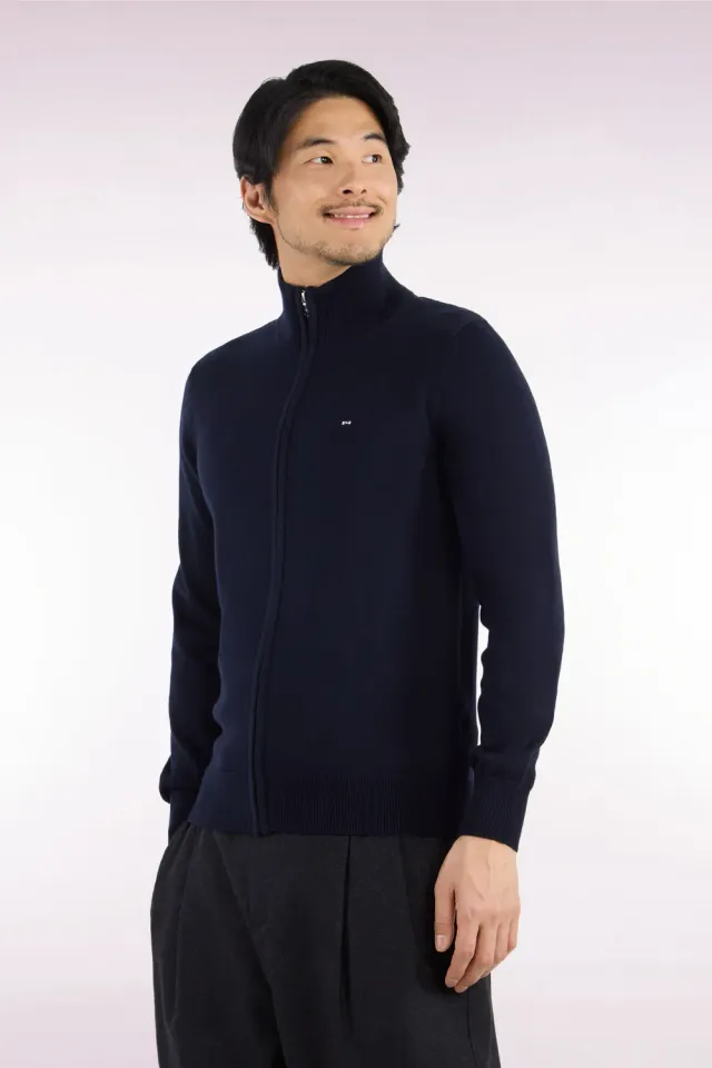Eden Park cardigan homme zippé marine laine coton droit