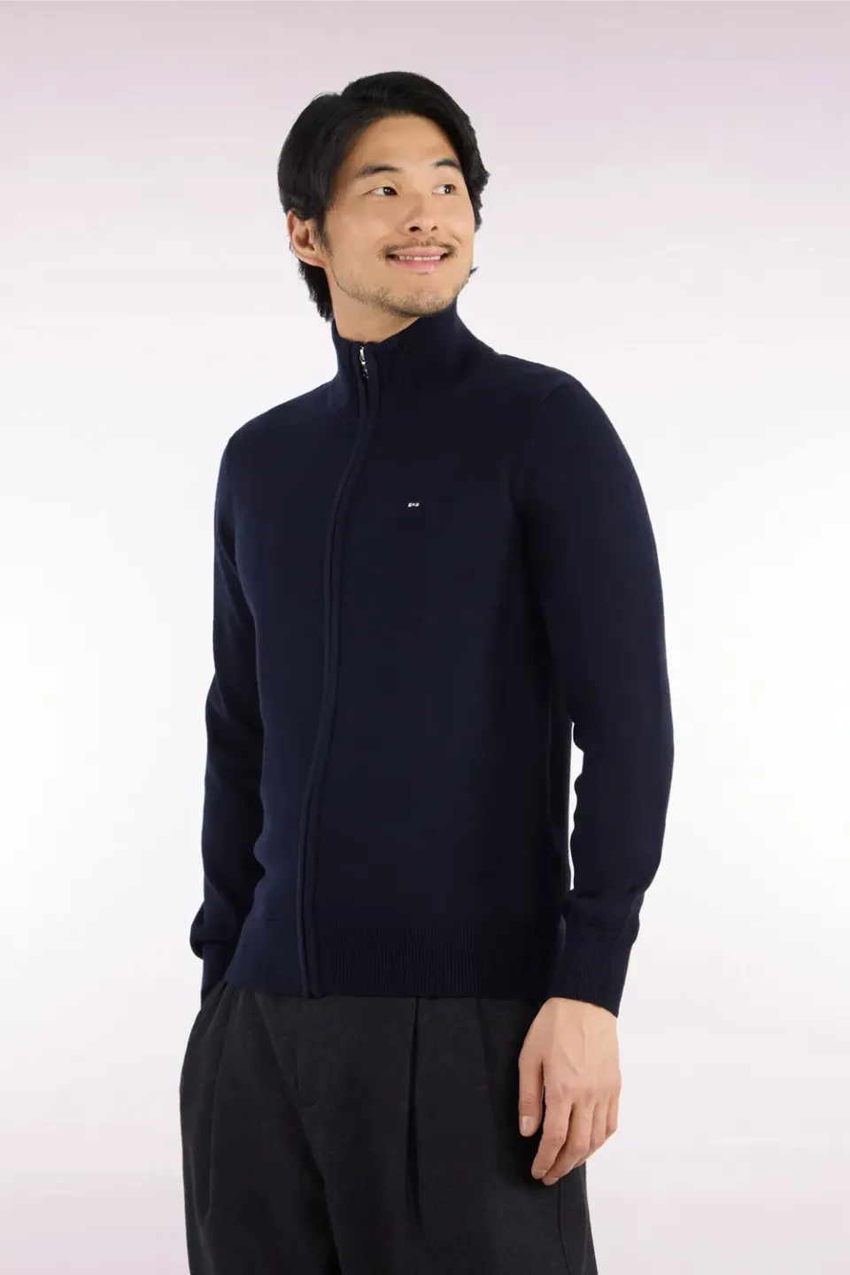 Eden Park cardigan homme zippé marine laine coton droit