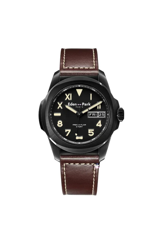 Eden Park Jour montre quartz cuir marron cadran noir 43 mm