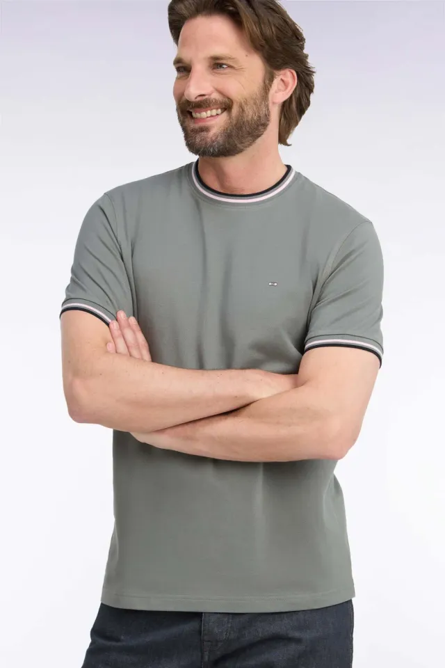 Eden Park t-shirt coton vert olive col bords-côtes