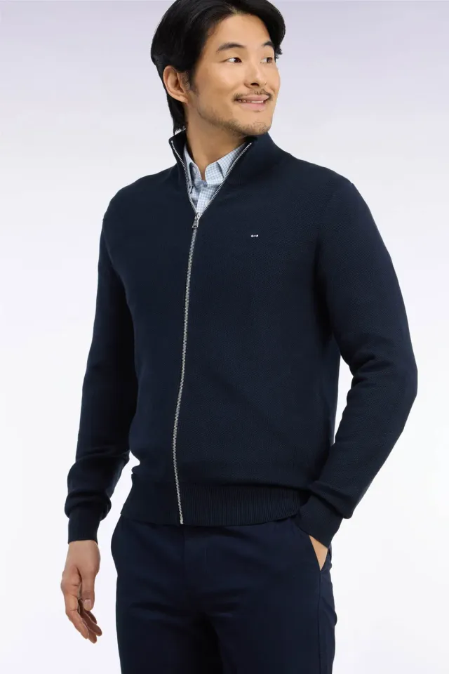 Eden Park Cardigan Zippé Coton Nid d'Abeille Marine Homme