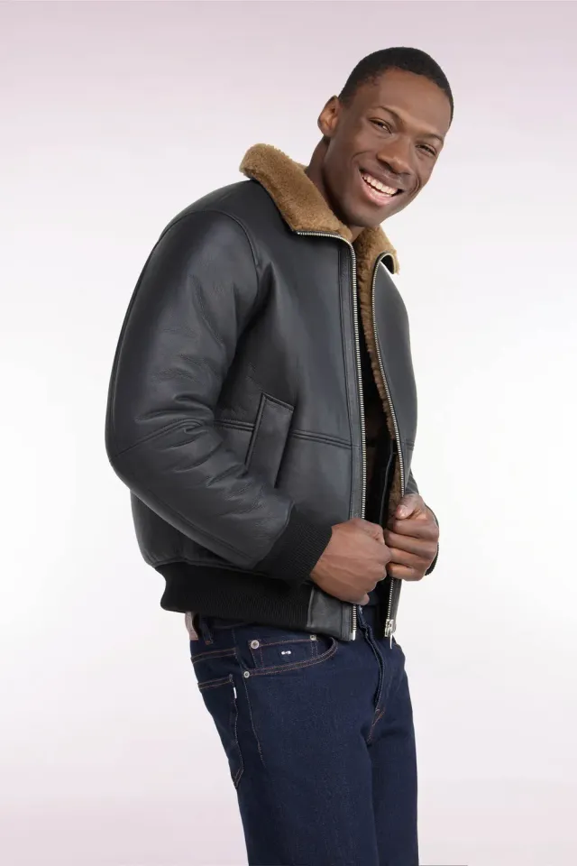 Eden Park blouson peau lainée noir shearling homme