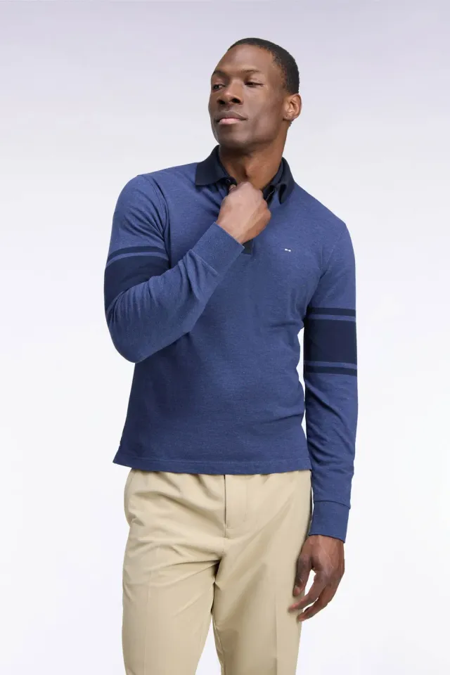Eden Park Club polo homme bleu marine piqué coton manches longues