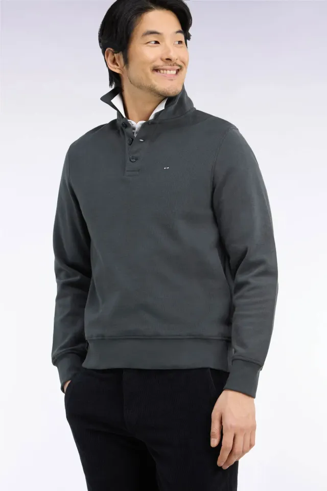Eden Park sweat col polo kaki sweat droit molleton coton