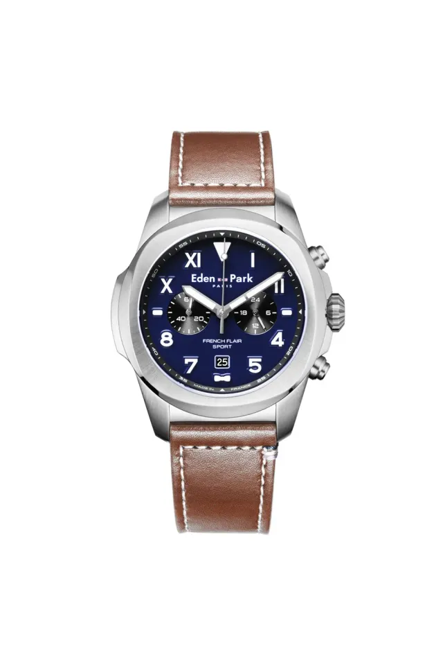 Eden Park Chronographe montre quartz bleue cuir camel 43mm