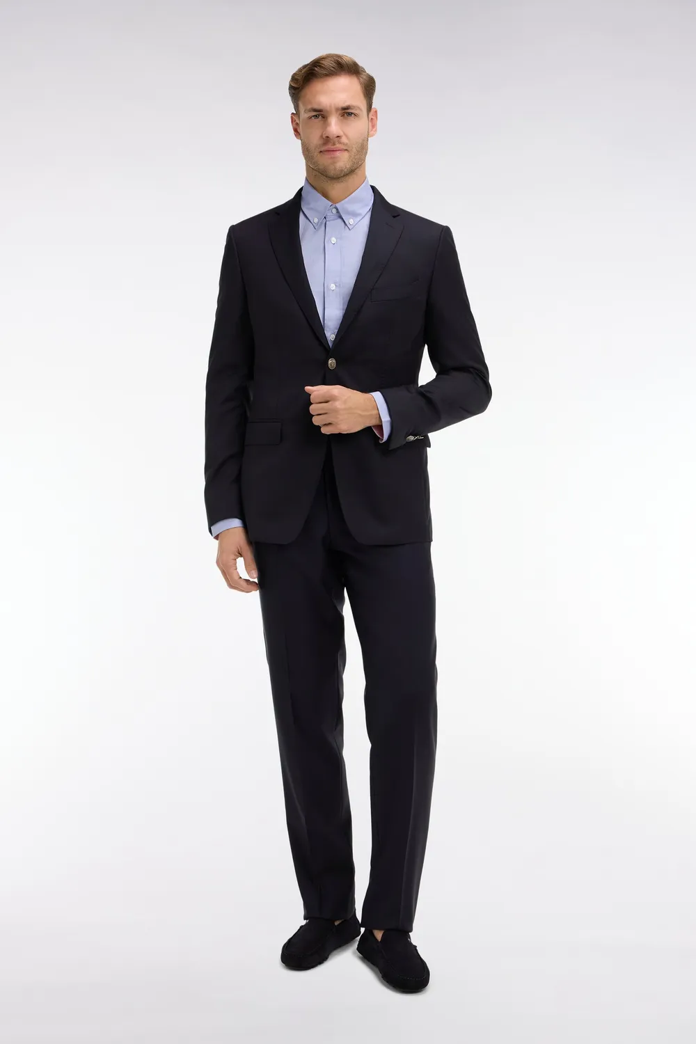 Eden Park pantalon regular bleu fonce laine plis casses