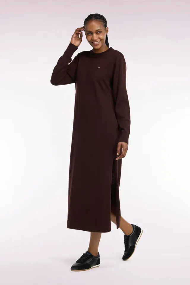 Eden Park robe midi laine marron fendue droite