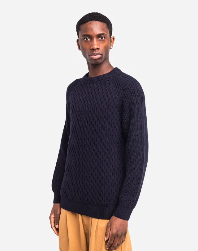 OLOW Peak Navy pull merinos maille torsadée