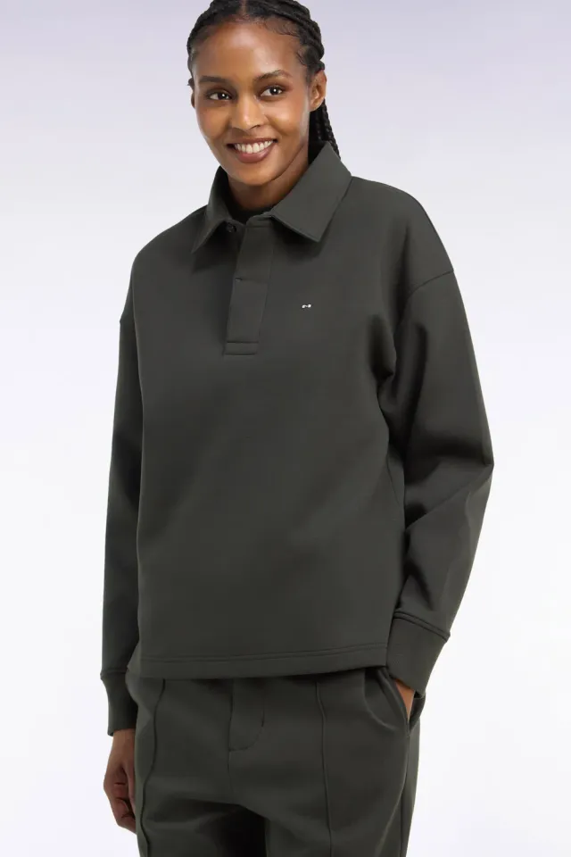 Eden Park Sweatshirt Col Maillot Coton Kaki Loose