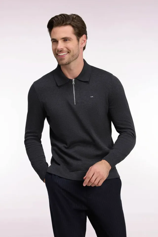 Eden Park pull col polo zippé coton viscose gris foncé