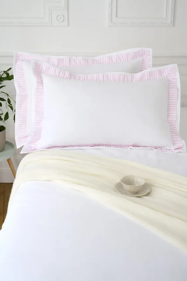 Eden Park lot 2 taies oreiller 50x75 blanc bordure rose