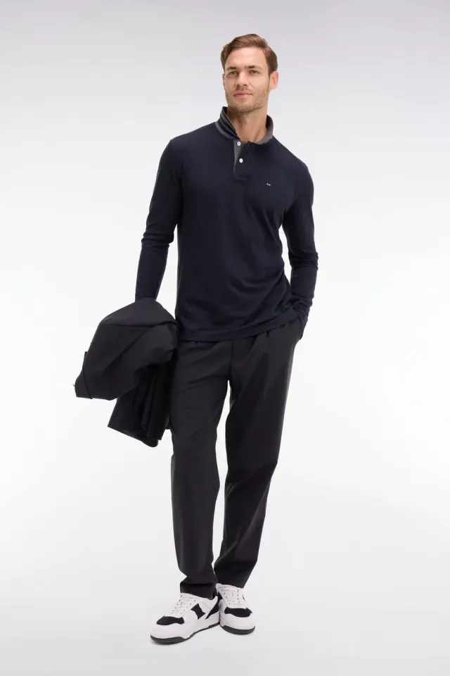 Eden Park polo manches longues noir coton pima col contraste