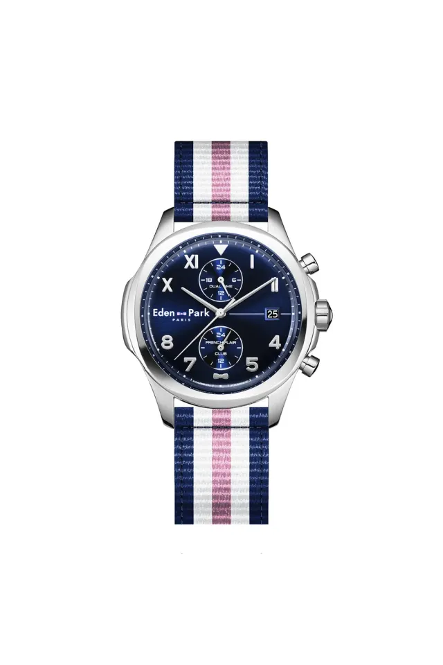 Eden Park montre quartz dual time bleu NATO tricolore