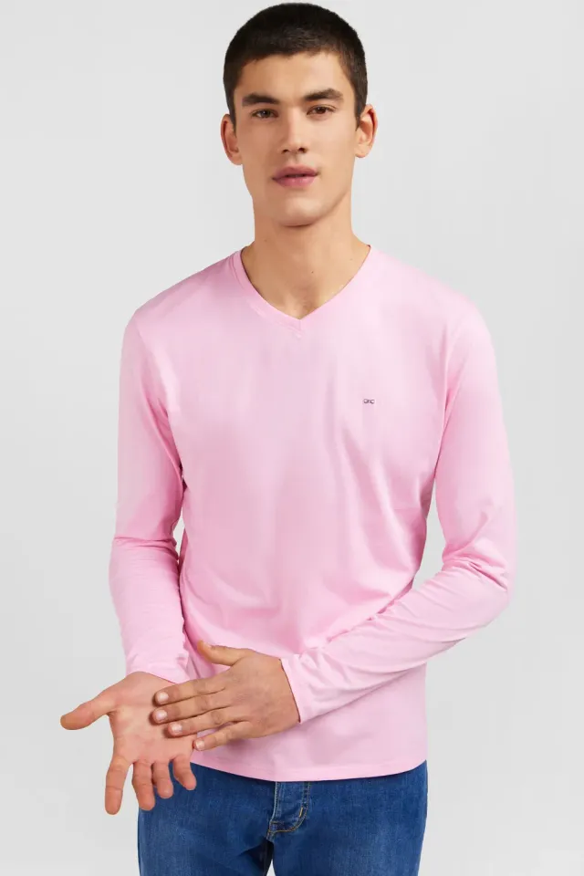 Eden Park T-shirt col V manches longues rose coton