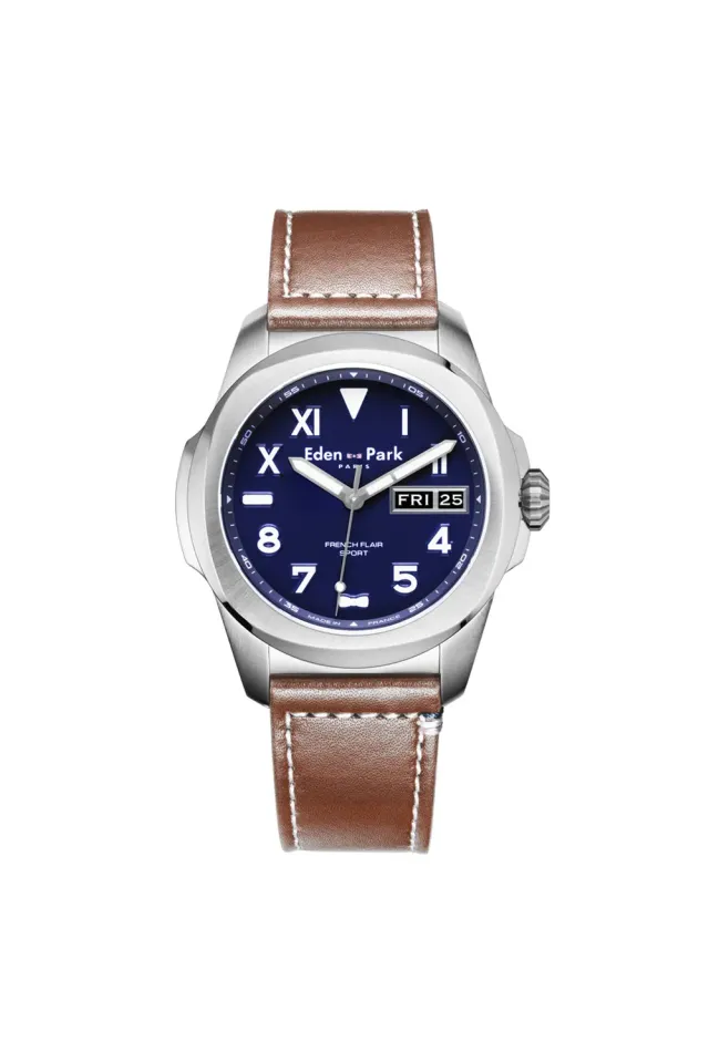 Eden Park Herbelin montre quartz jour date bleue cuir camel