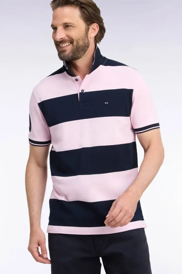 Eden Park Tricolore polo manches courtes rayé rose marine coupe droite