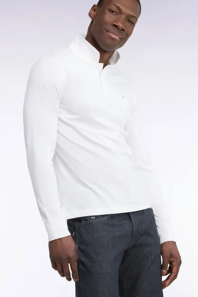 Eden Park polo manches longues coton Pima blanc coupe droite