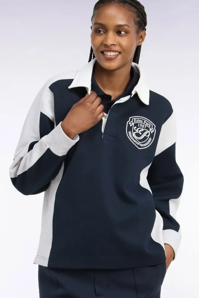Eden Park Rugby Heritage sweat col maillot marine loose unisexe