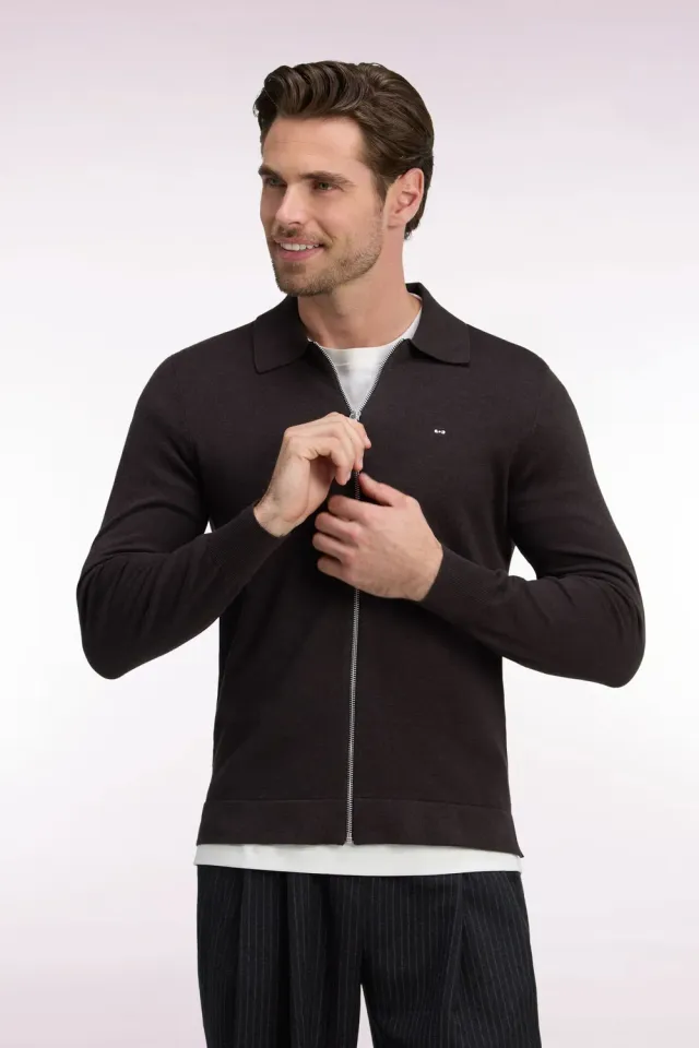 Eden Park cardigan zippé marron coton viscose droit