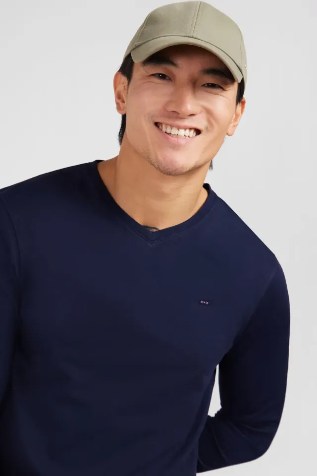 Eden Park t-shirt col V manches longues bleu marine Pima