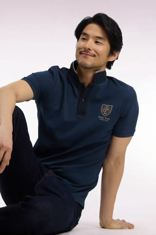 Eden Park Rugby Heritage polo coton bleu gris écusson