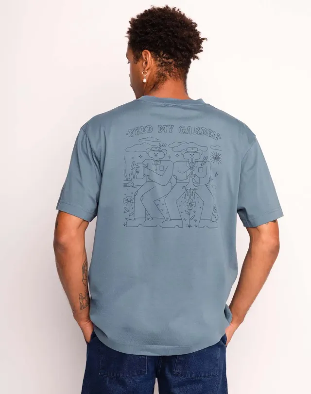OLOW Feed My Garden t-shirt bleu acier coton bio ample