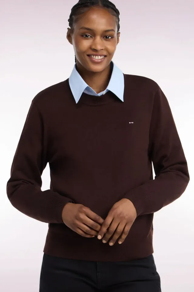 Eden Park Pull laine marron femme col rond droit