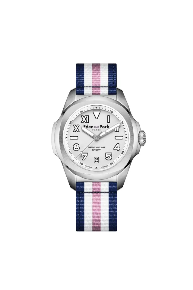 Eden Park montre quartz cadran blanc NATO rayé