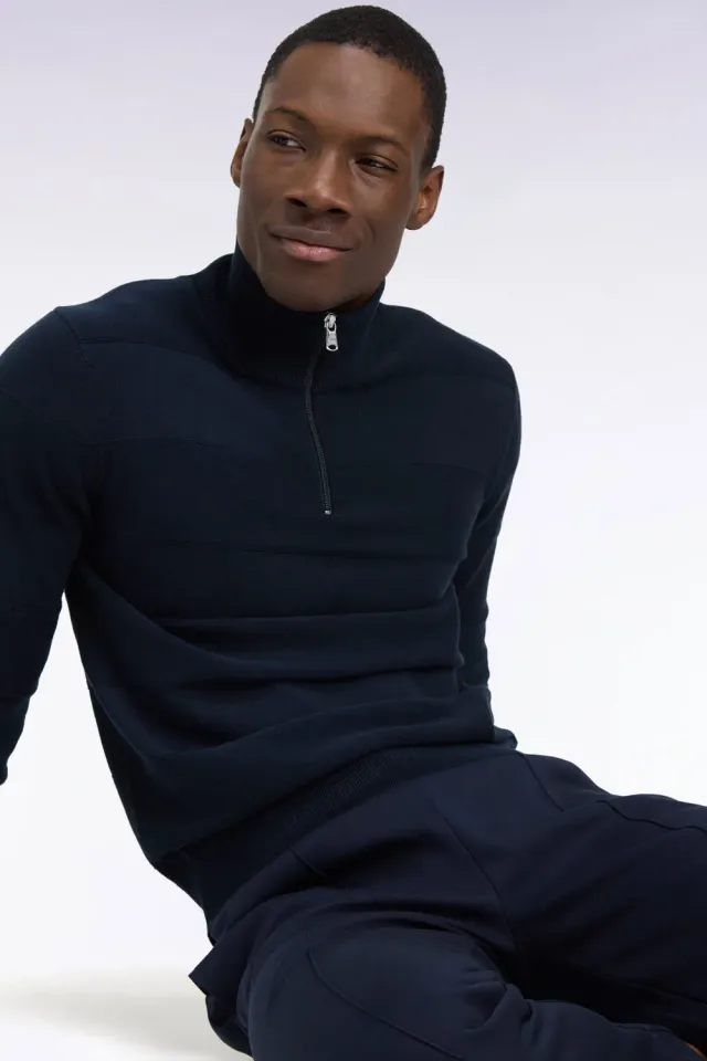 Eden Park pull golf col zippé marine coton viscose droit