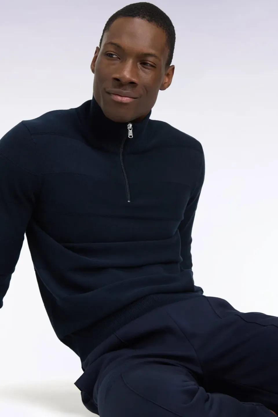 Eden Park pull golf col zippé marine coton viscose droit