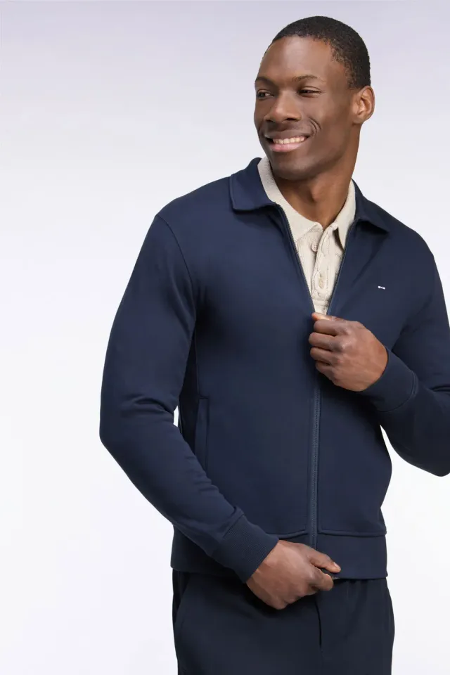 Eden Park sweat zippé col polo coton marine coupe droite