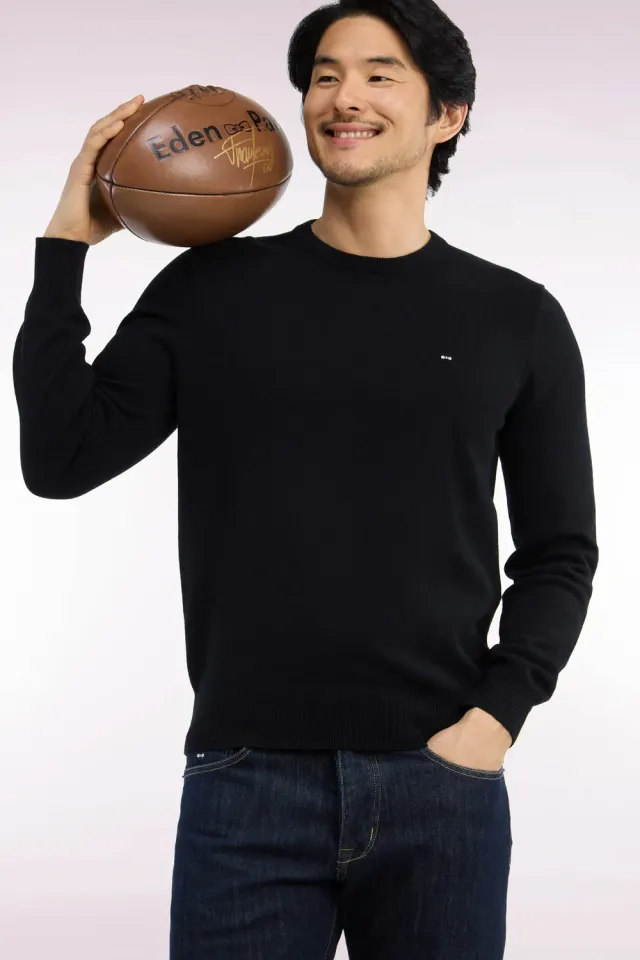 Eden Park pull noir laine coton homme col rond droit