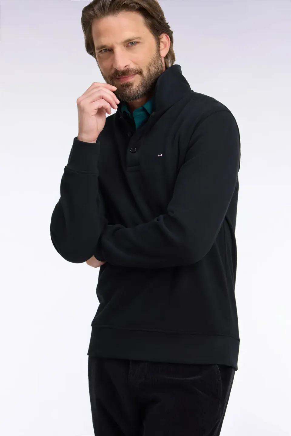 Eden Park sweat col polo coton noir coupe droite