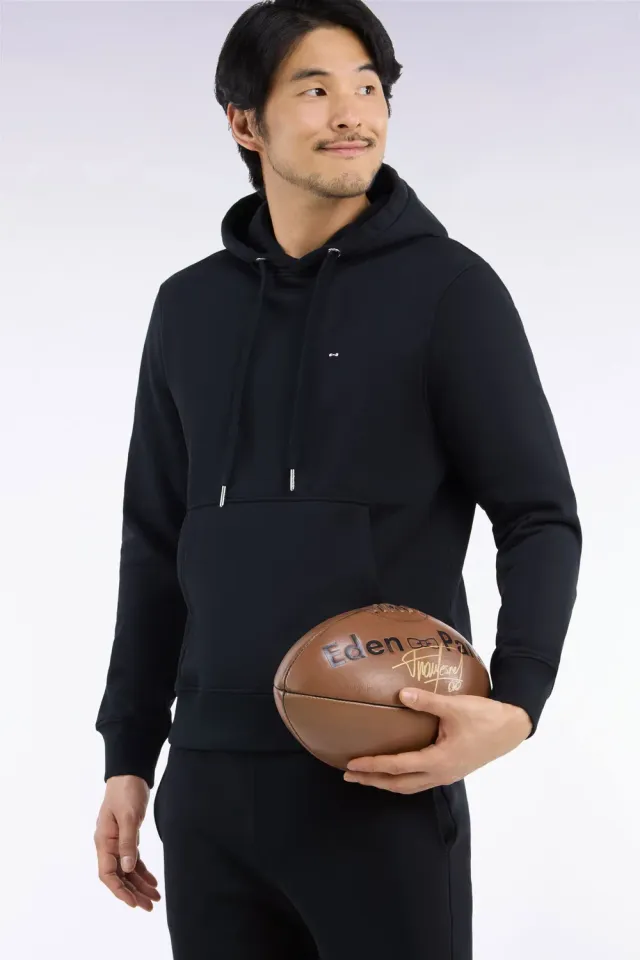 Eden Park sweatshirt capuche noir molleton coton coupe droite