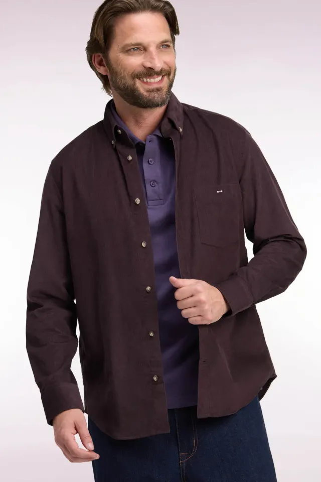 Eden Park chemise homme coton côtelé chocolat coupe droite